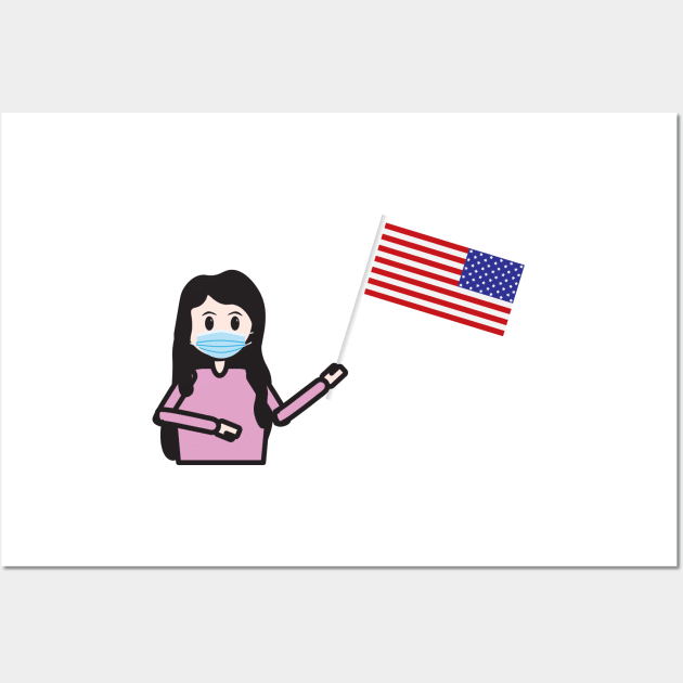 Girl with face mask holding the USA flag Wall Art by sigdesign